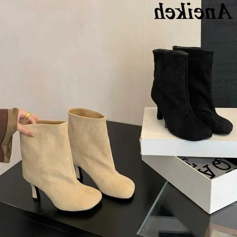 Flock Aneikeh Sewing NEW Autumn Boots Women Mid-Calf Square Toe Women Thin Heels Boots Slip-On Concise Black Shoes Zapatos Mujer D260916