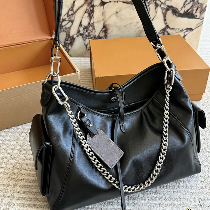 Sac à bandoulière en cuir de haute qualité pour hommes et femmes, fourre-tout noir, sac à main hobo de 30 cm, sangle en chaîne épaisse argentée,