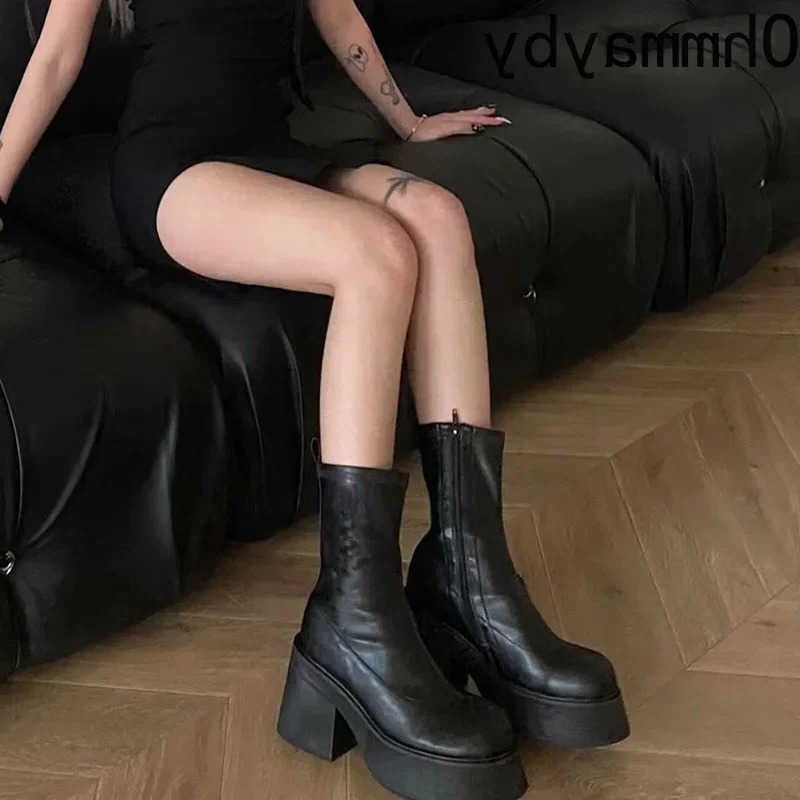 Boots Winter Platform For Ankle Women fashion Side Zippers Short Boots Female Elegant Square High Heel Women's Mordern Botties D260916