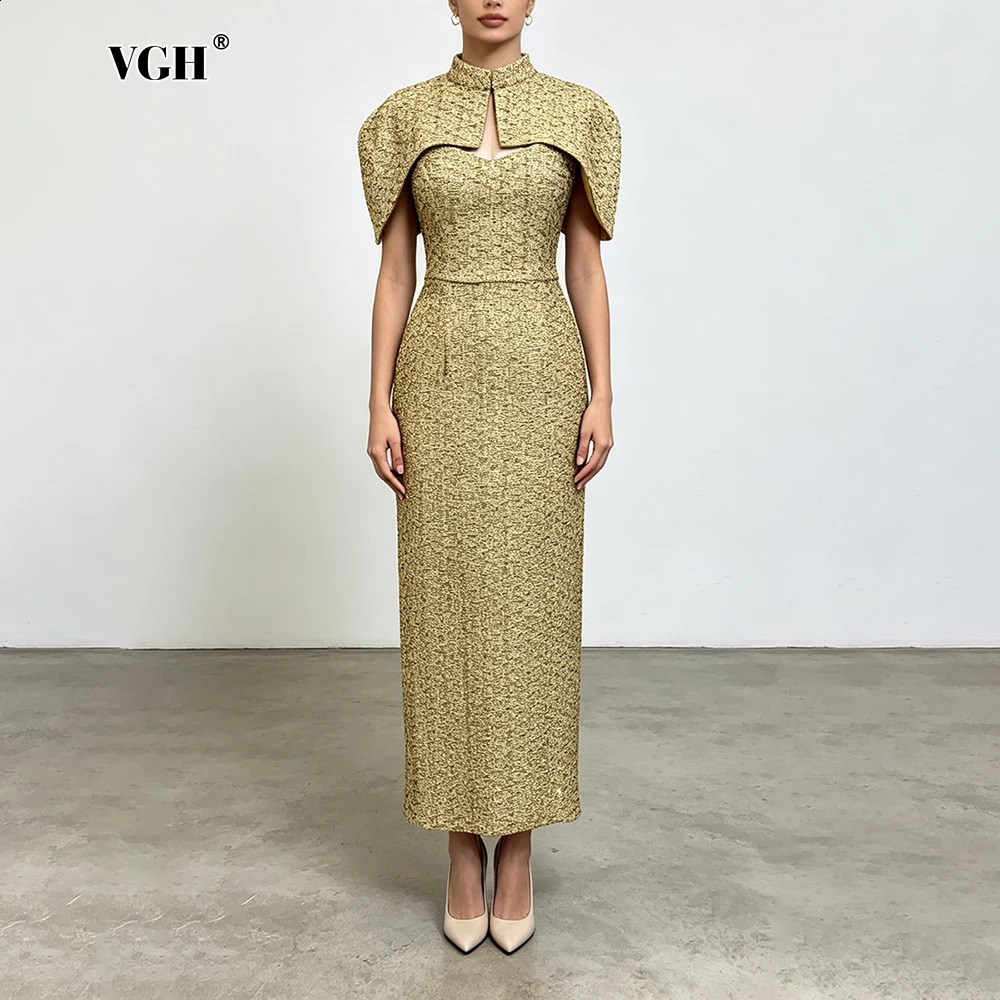 VGH Elegant Two Piece Set For Women Multi Color Tweed Cape Collar Heart Neck Ruched Waist Bodycon Maxi Skirt For Banquet Party 260916