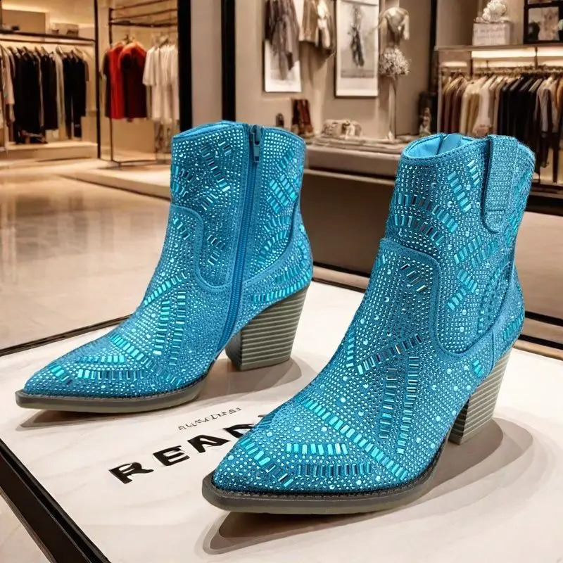 Ankle Boots for Women y Full Diamond Chelsea Boots Western Cowboy Y2k Fashion Wedges Pointed Toe Zipper Women Heels shoes 260916