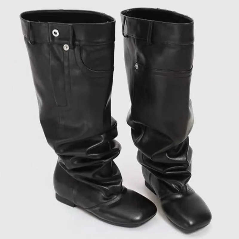 Pleated Leather Knee High Winter Boots Woman British Style Square Toe Wide Simple Tube Long Boots fashion Low Heel Designer Shoe D260916
