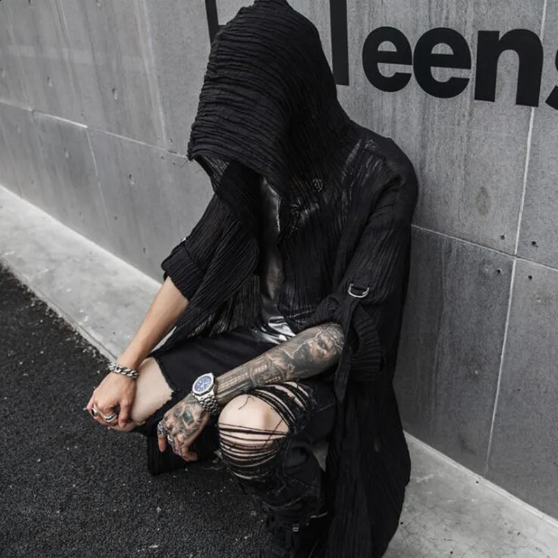 Spring Summer Men Black Thin Cotton Linen Punk Hip Hop Long Trench Coat Hooded Cloak Nightclub Men Gothic Style Vintage Jacket 260916