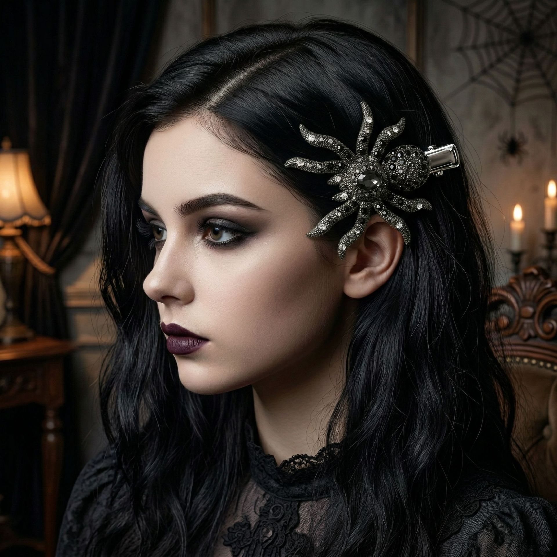 New Halloween Quirky Party Costume Hair Clip, Black Alloy Rhinestone Side Alligator Clip for Women, European American Style