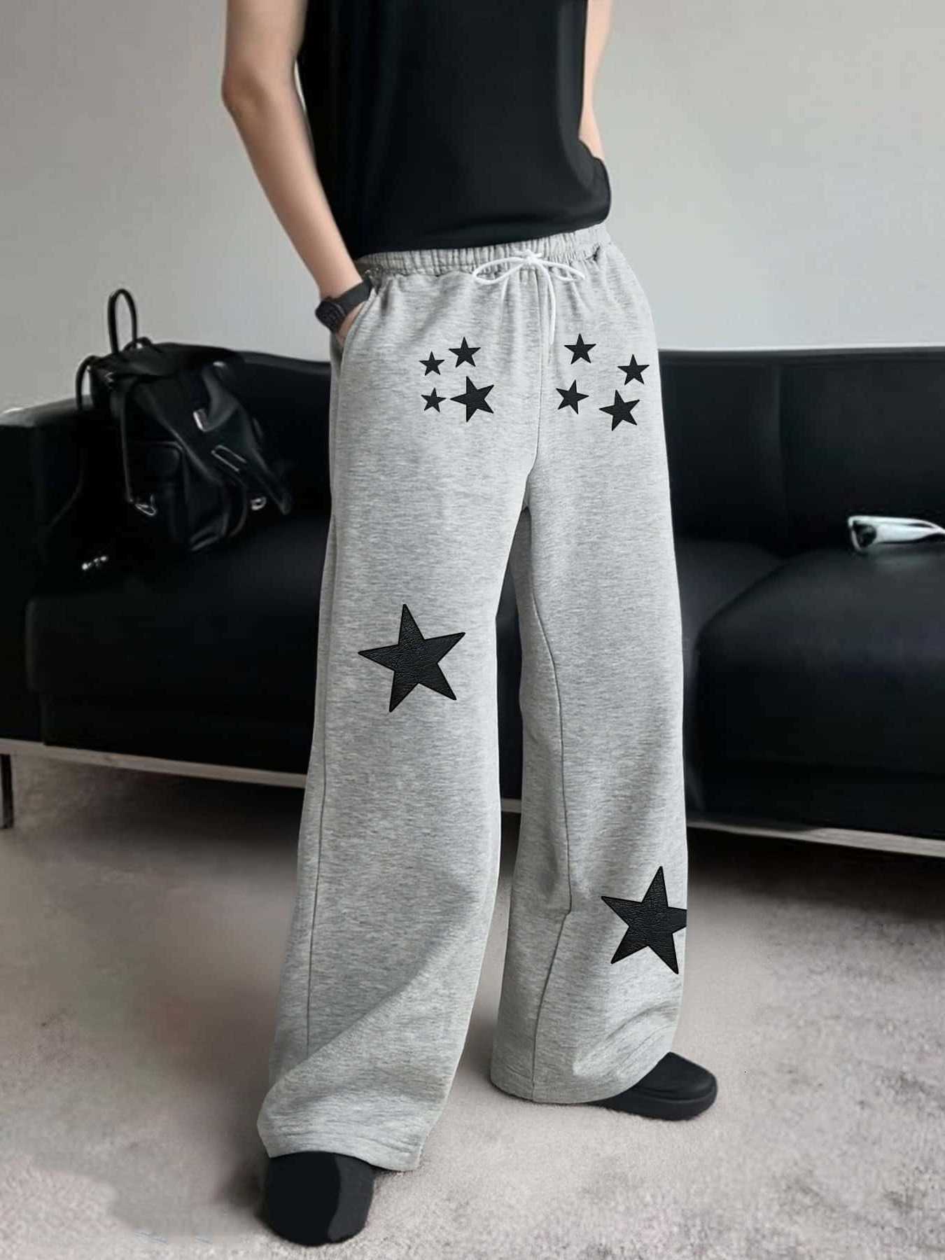 Retro Star Printed Wide American Leg Sweatpants for Both Men and Women Loose Hanging Pants Street Y2K Hip-hop Casual Pants D260916