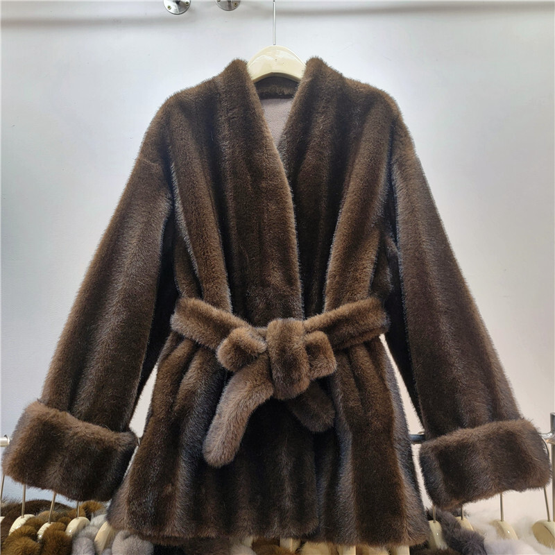 Autumn Winter New Korean Socialite Style Stand Collar Faux Mink Fur Women's Belted Waist-Fitting Shearling Coat
