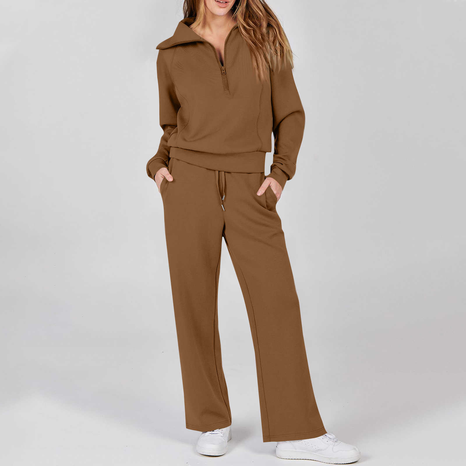 Two-piece Solid set Women Fashion Long Slve Zipper Sweater Pullover Tie up Pocket Wide Leg Pant Suit Loose Casual Sport Sets S260916WXJX