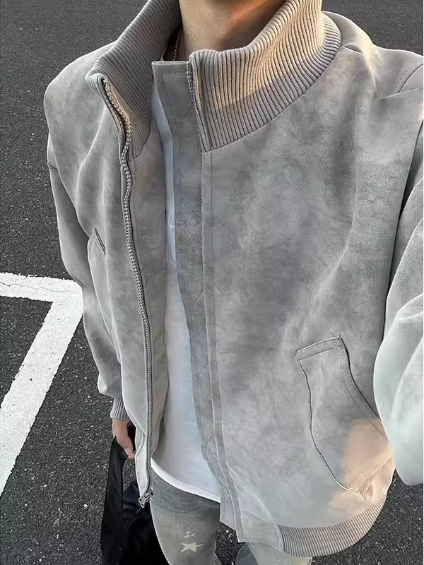 Stylish Mens Leather Coat: Autumn Tie Dye Patterned Button-up Flight Jacket
