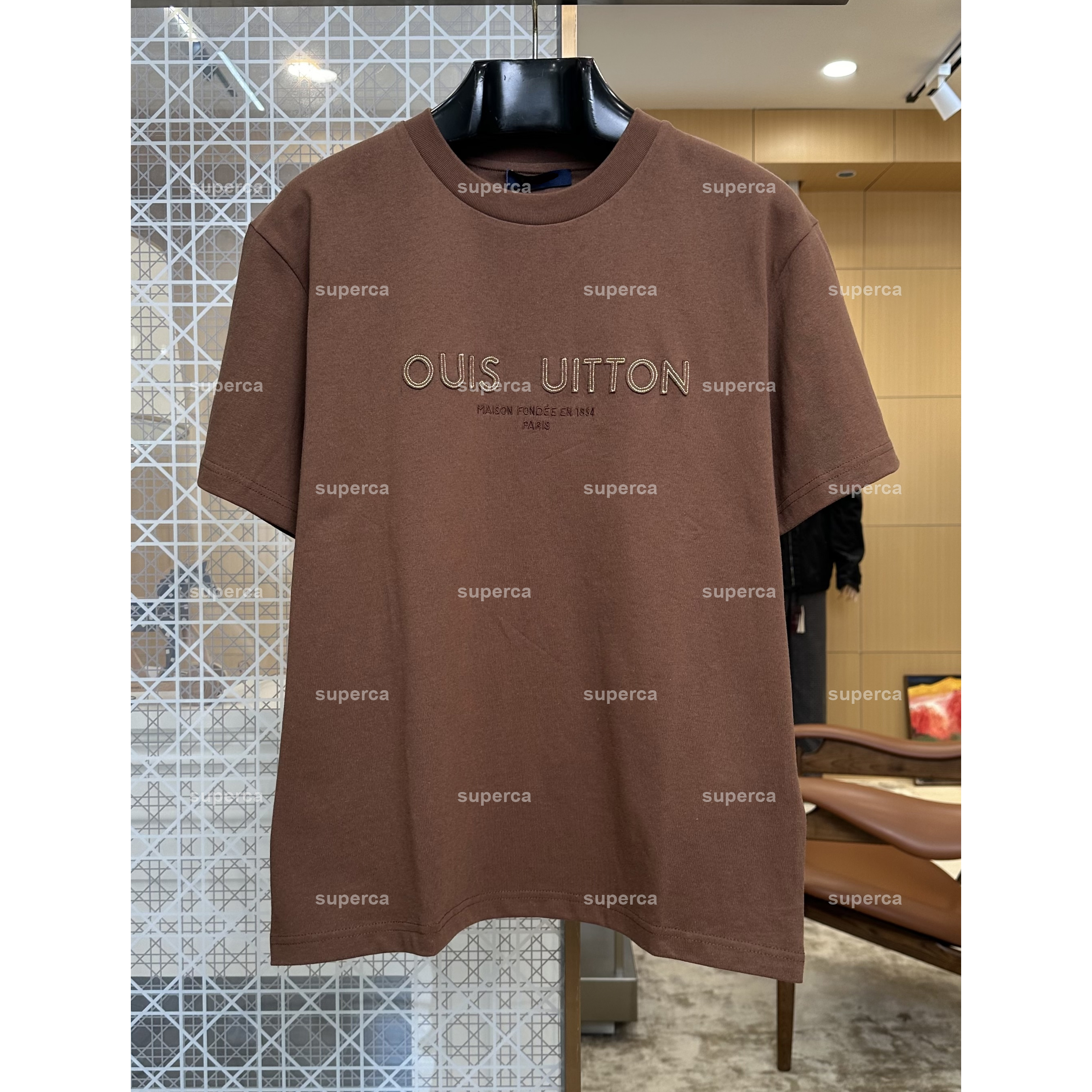 Luxury Designer Men's Crew Neck T Shirt, Brown Coffee Heavyweight Cotton Tee, 3D Embroidery Loose Drop Shoulder Casual Top