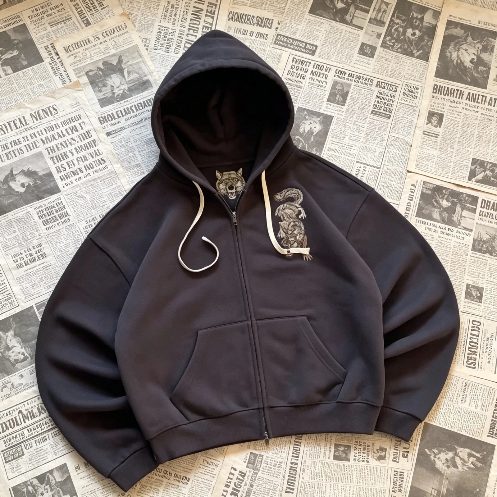 Y2K Grey Wolf Embroidered Hoodie Fashion Hip Hop Unisex Double Zipper Sweatshirts Oversized Vintage Harajuku Dark Street Jacket 260916