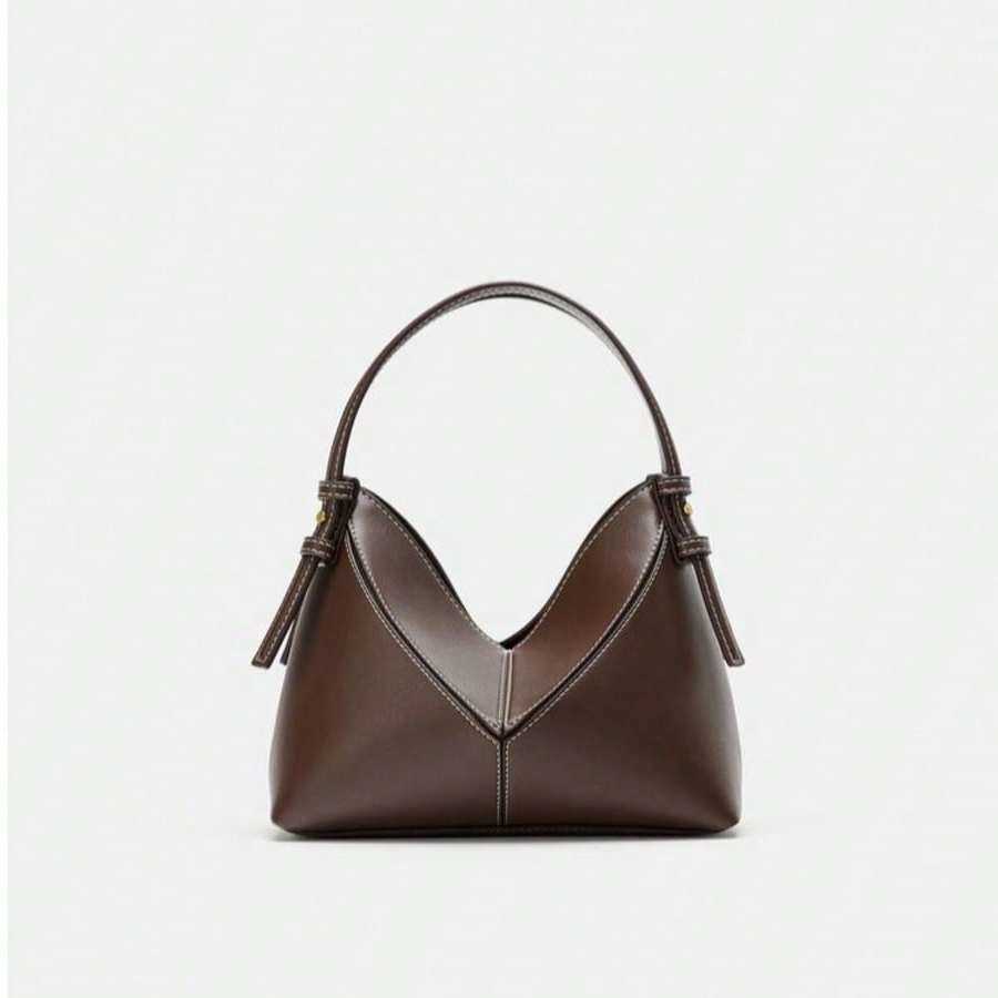 Hobo Womens Brown PU Leather Shoulder Bag V-Shaped Stitching Top Handle Long Shoulder Strap Minimalist Casual Handbag H260916