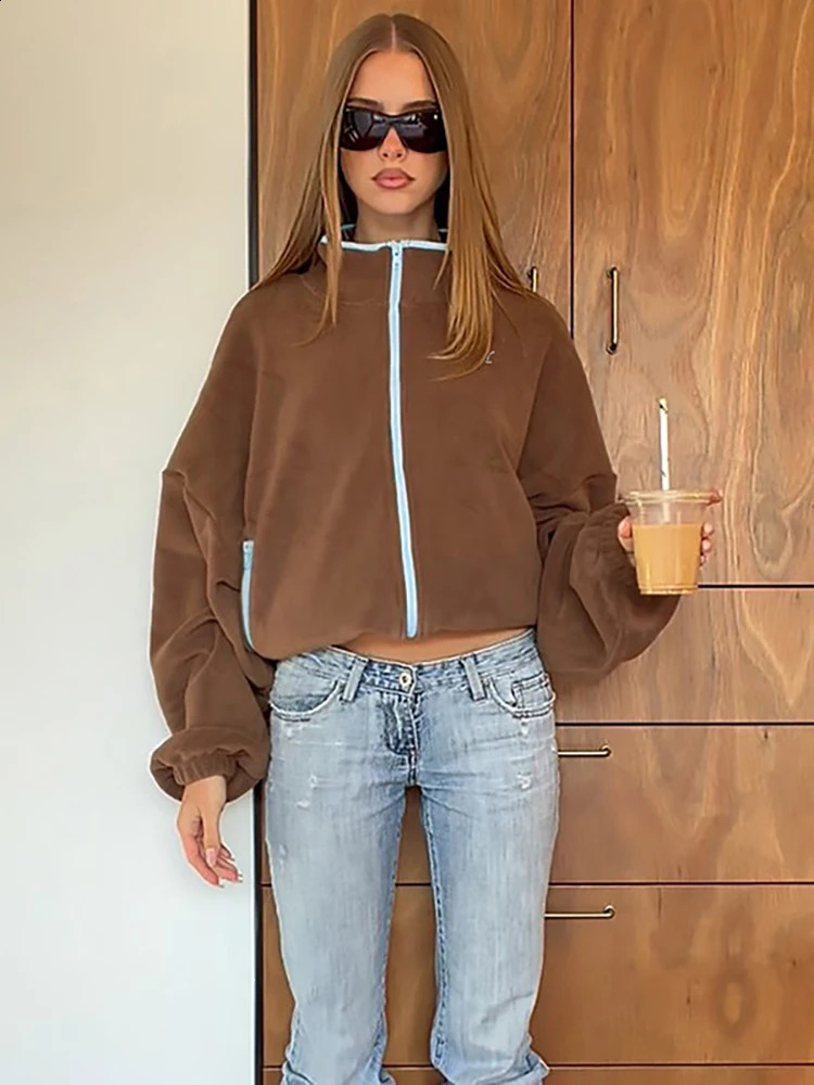 JULISSA MO Stand Collar Velvet Warm Zipper Women Coat Long Sleeve Print Letter Coat Female Autumn Casual Outdoor Streetwear 260916
