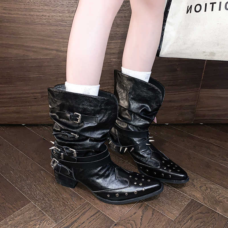 Toe Punk Metal s Pointed Western Boots Women 2025 fashion Pleated Mid Calf Riding Boots Street Style Metal Shoes D260916