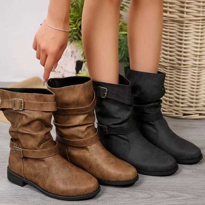 Size Women Outdoor fashion Large Mid-calf Boots Round Head New Winter Leather Boots fashion Women's Shoes Zapatos De Mujer D260916