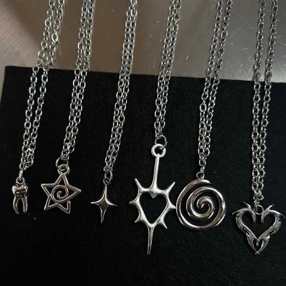 Gothic Irregular Retro Geometry Vortex Heart Star Teeth Pendant Necklace for Men Women Fashion Punk Metal Chain Jewelry GiftsT260916