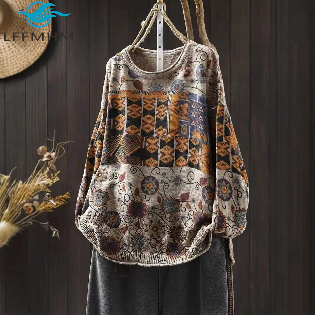 Vintage Printing Patchwork Sweater for Women Winter Fall Fashion O-neck Long Sleeve Loose Casual Pullover Knitting Pullover Tops 260916