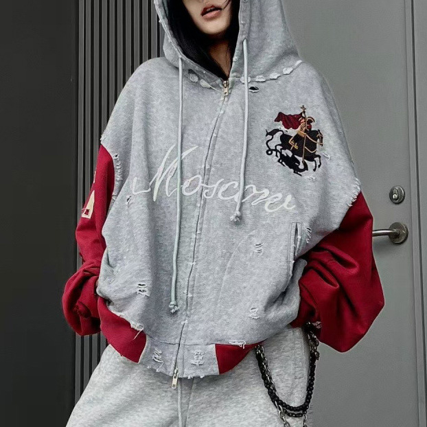 Sweat à capuche Vintage lavé épissé, unisexe, broderie de styliste, fermeture éclair complète, Patchwork, manches longues, Streetwear, pull