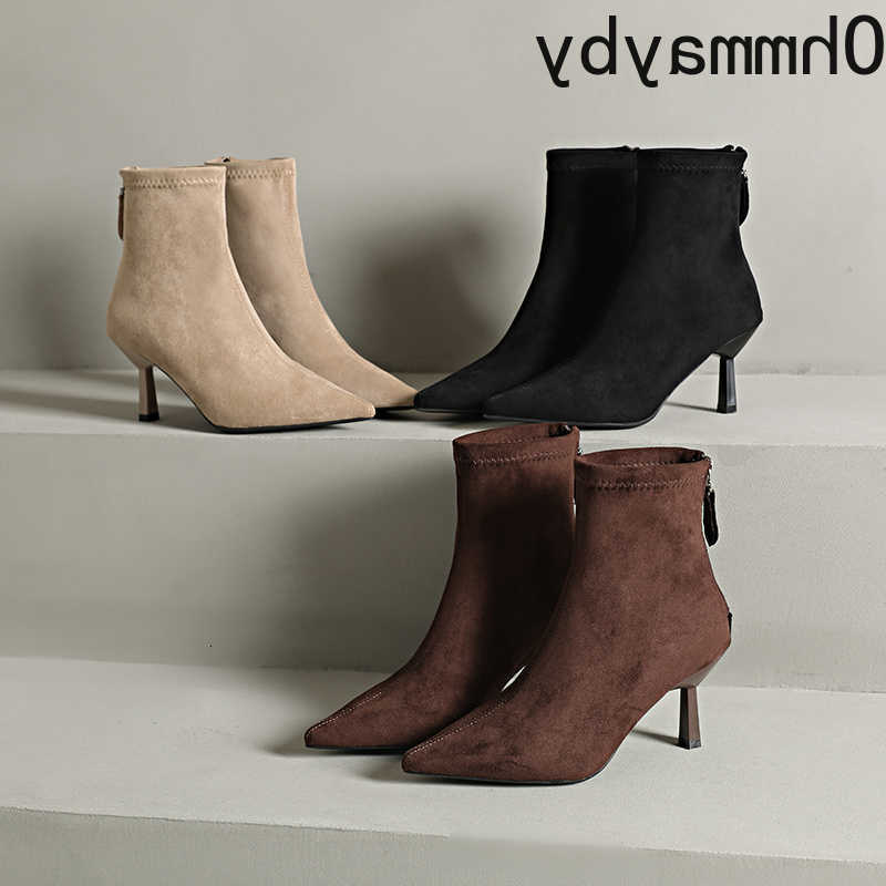 Stretch Autumn Winter Slim Fit Women Ankle Boots Pointed Toe Shoes Ladies Thin Heel Fleece Lined Short Botas Zapatos De Mujer D260916