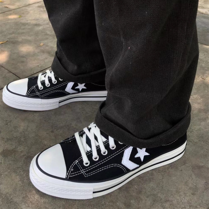Converse Unisex Black Low Top Canvas Sneakers, Retro Star Side Design, White Sole Lace-up Casual Flat Shoes for Men Women