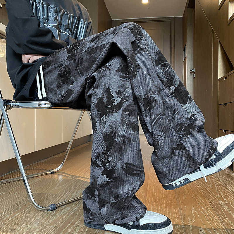 Korean Style Tie-dye Print Casual Pants Black Mopping Trousers Men Autumn Fashion Streetwear Pants Unisex Plus Size 5XL-M D260916