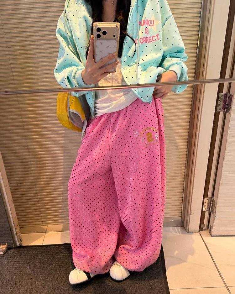 Elastic New Jogging Y2K American Waist Floor Length Pants Retro Bronzing Pink Sweatpants Polka Dotsoversized Loose Casual Pants D260916