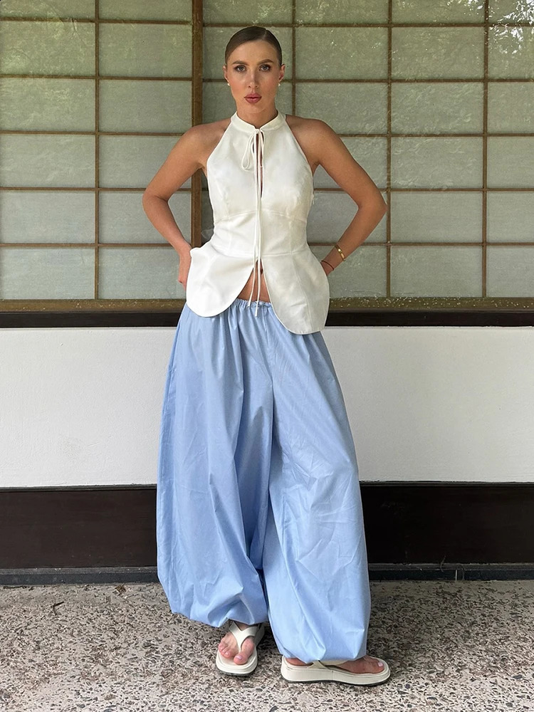 JULISSA MO Casual Wide Leg Loose Lantern Pant for Women Black Lace Up High Waist Trousers Summer Elegant Vacation Streetwear 260916
