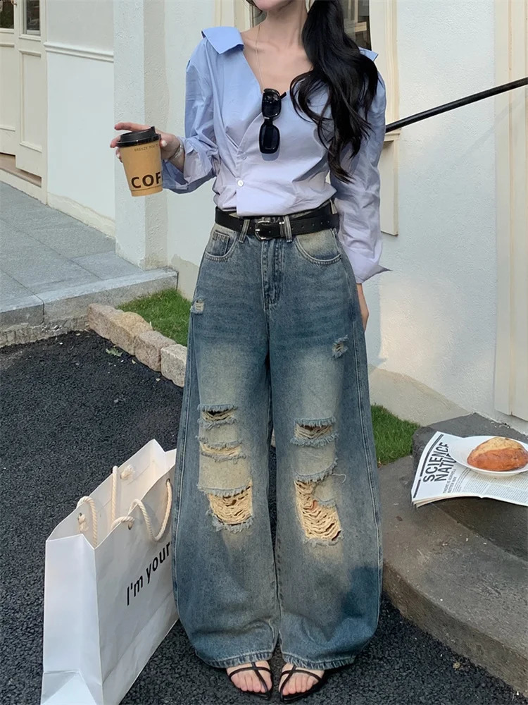 American Streetwear Ripped Jeans Women Spring Vintage Loose BF Style Curved Hem Wide Leg Trousers Y2K Fashion Denim 260916
