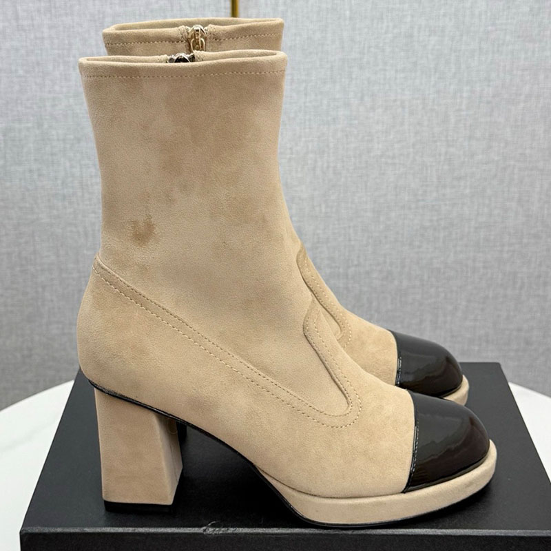 Short Boots Designer Womens Color Blocked Elastic Socks Boots Round Toe Thick Heel Short Boots Suede Splicing Bright Leather Side Zipper Slimming Fa