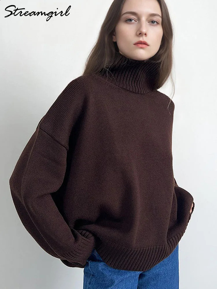 Brown Turtleneck Sweater Women Pullovers Autumn Oversized Butter Yellow Sweaters Thick Turtle Neck Knit Baggy Sweater For Ladies 260916
