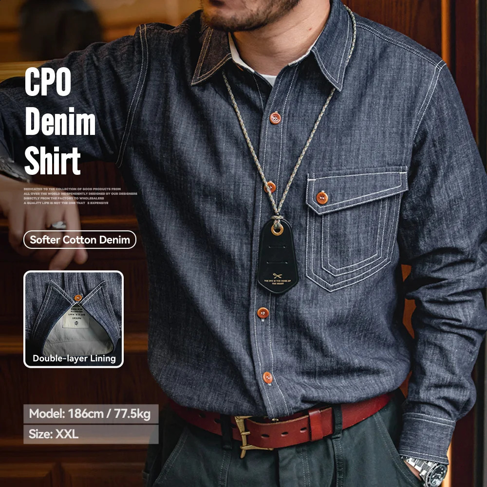 Maden Retro Thin Longsleeved Denim Shirts Singlebreasted Lapel Collar Stitch n Cotton Men's Spring and Autumn Blouses 260915