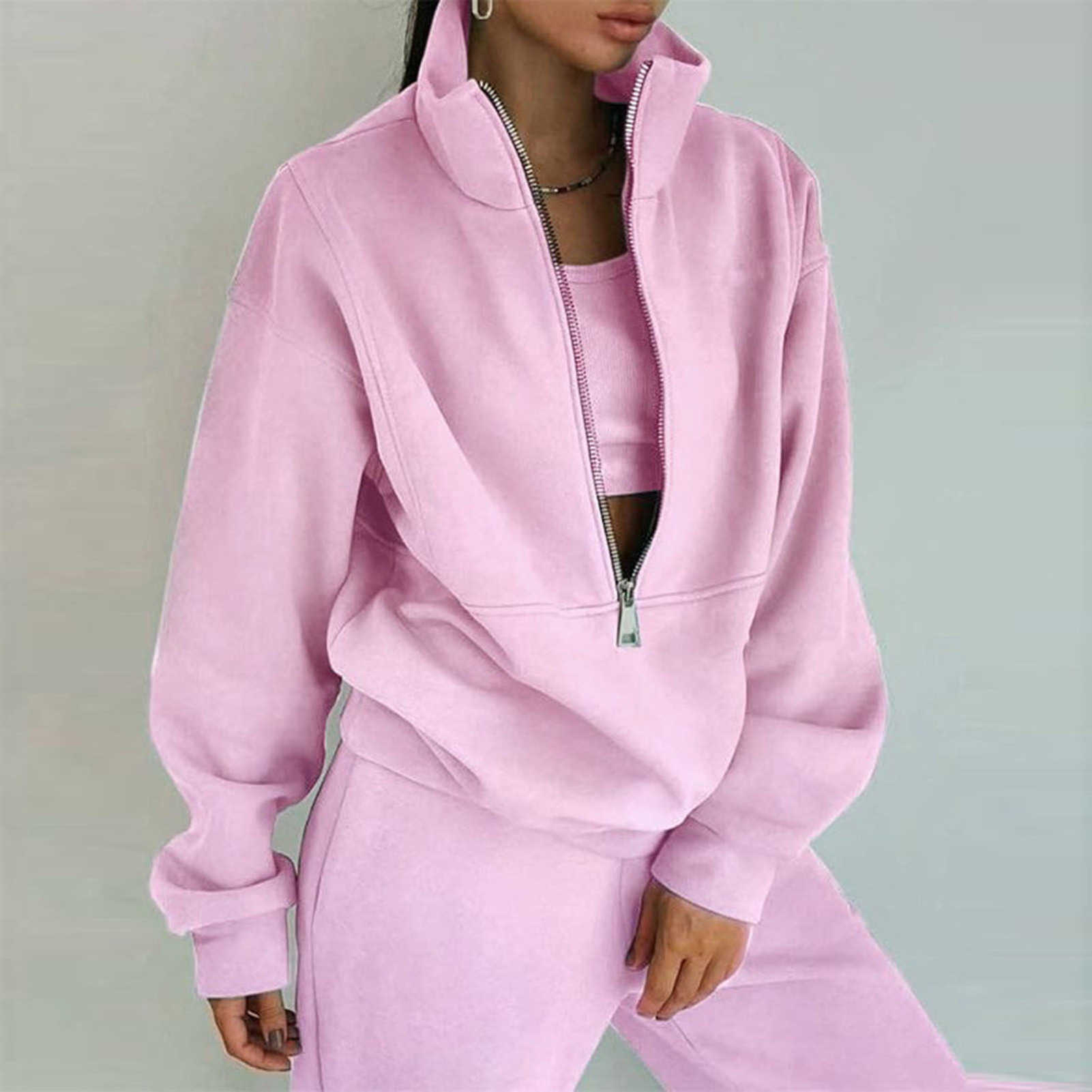 Women Comfortable Clothing Women's Two Piece Sweatshirt Set Casual Half Zip Pullover Top Wide Leg Pants Lounge for Fall S260916K02Y