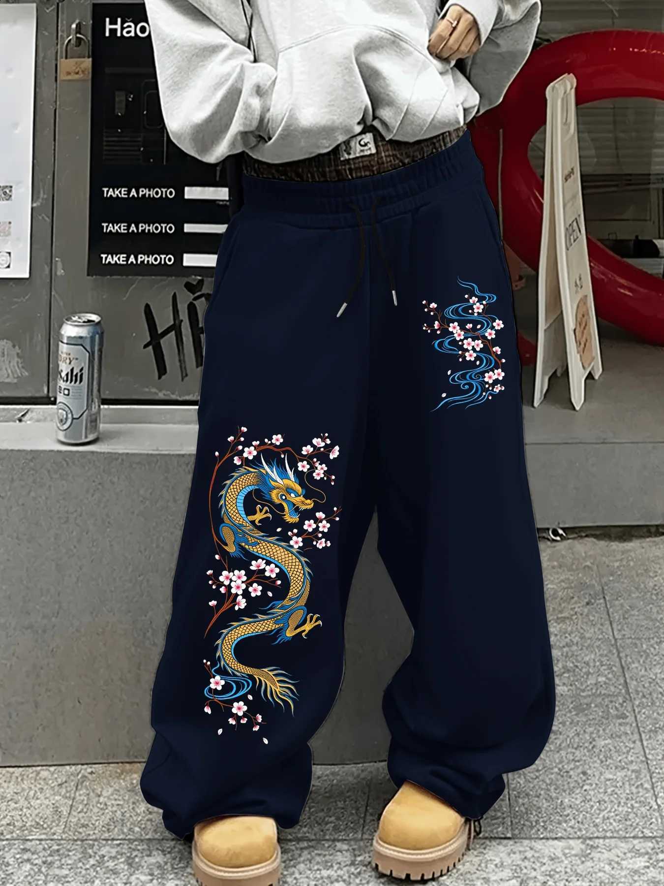Autumn Dragon Print Straight-Leg Men's Sweatpants Casual Stylish and Versatile Suitable for Sports and Daily Wear D2609161