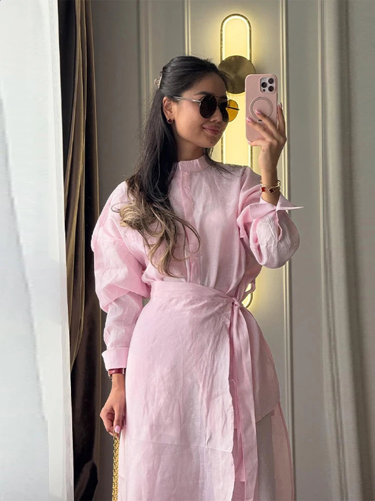 Women Pant Set Old Money Style Stand Collar Long Sleeve Shirt Tie Waist Wrap Skirt Wide Leg Pants Loose Trendy Arrival Suit 260916