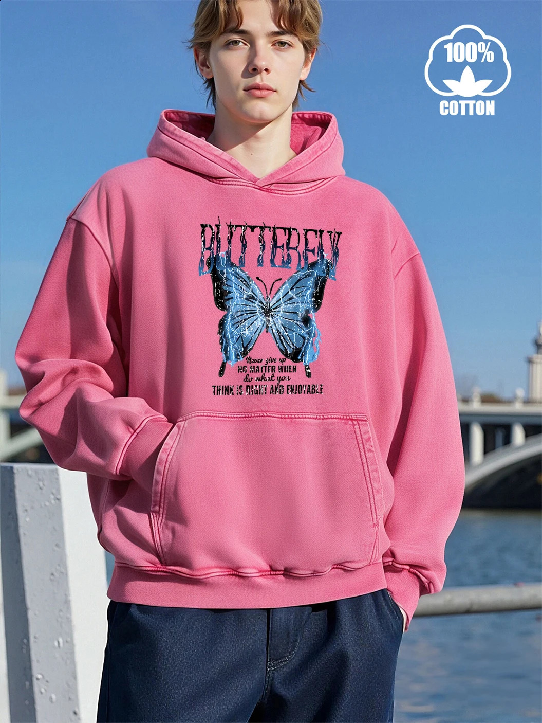 Butterfly Never Give Up Print Fashion Washed Mens Hoody All-Match Loose Sweatshirts Autumn Cotton Tops Distressed Casual Menwear 260916