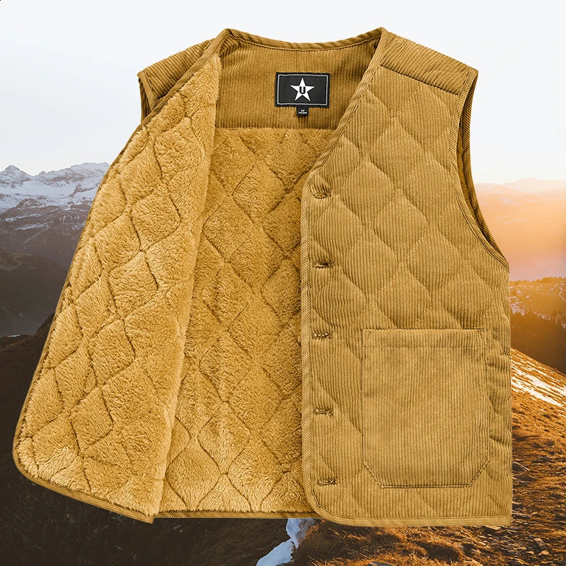 Autumn Winter Padded Warm Vest Men's Diamond Check Shoulder Undershirt Workwear Corduroy V-neck Jackets Men Clothing Large Size 260916