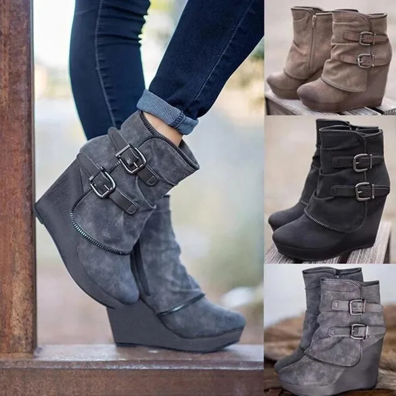 Womens Fashion Ankle Boots Suede Wedge Zipper Solid Color Short Round Toe Shoes Suspender 260916