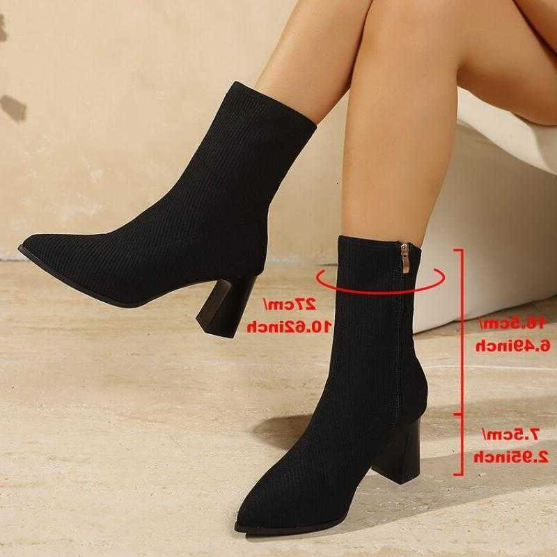 Black Thick High Heel Elegant Ankle Boots Women Autumn Winter 2026 Side Zip Knitted Fabric Elastic Boots Women Short Booties D260916