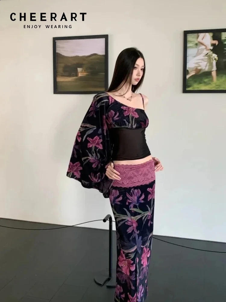 CHEERART Floral Velour Flocking Women'S Matching Sets Vintage Off Shoulder Top And Skirt 2 Piece Set Elegant Outfits Two Piece 260916