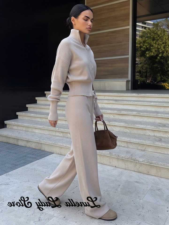 Color Solid Zipper Waist Cinching Casual Set Knitted Top Drawstring Straight Leg Pants 2-piece Sets 2026 Autumn Lady Daily Wear S26091638L3