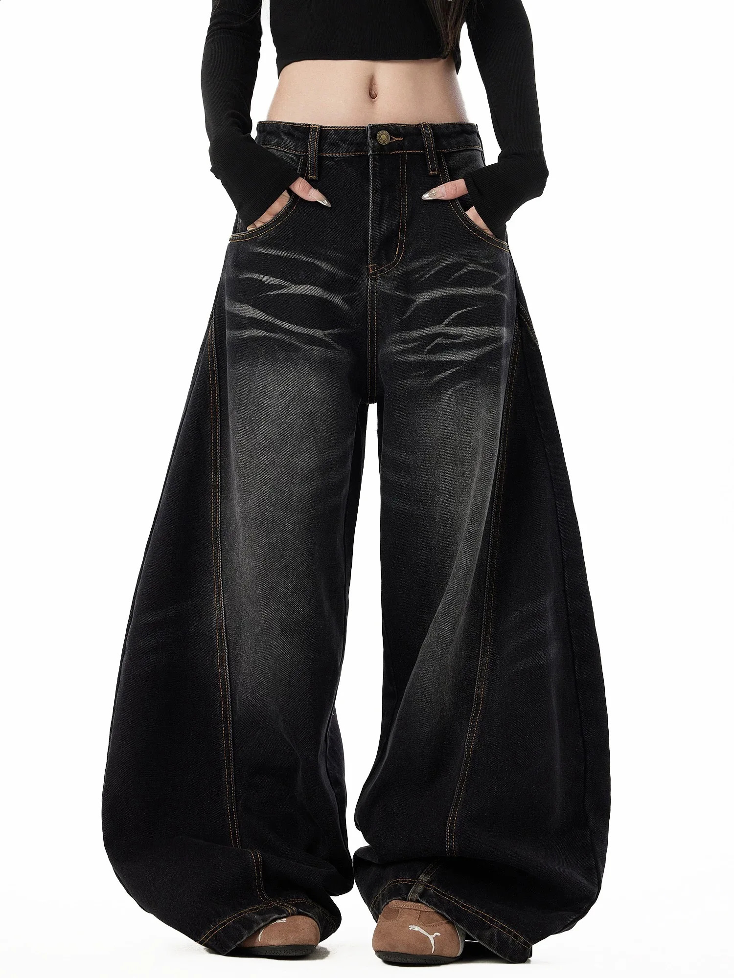 Y2K Unisex Retro Black Curved Knife Jeans American Washed Cat Whiskers Drooping Sensation Wide Leg Sickle Shaped Pants 260916