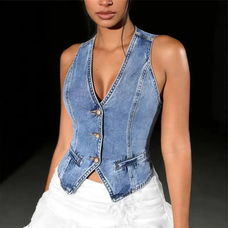 Y2K Retro Women Denim Vest V Neck Button Up Sleeveless Waistcoat Slim Fit Casual Streetwear Summer Crop Top 260916