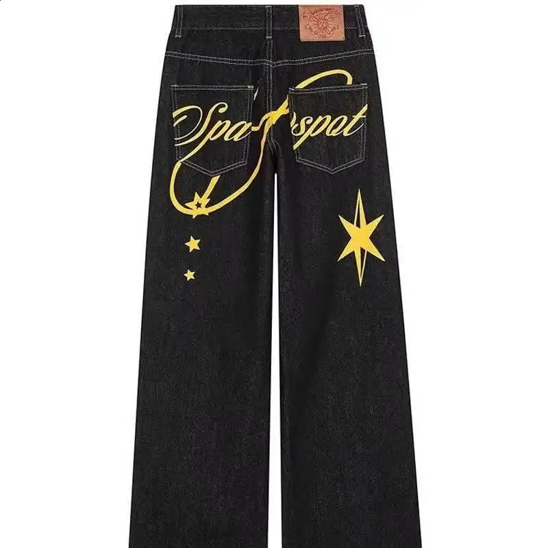 2026 American Retro Star Washed Jeans Men Women Machete Pants Hollow Irregular Wide Leg Trousers Casual Floor Length Denim 260916