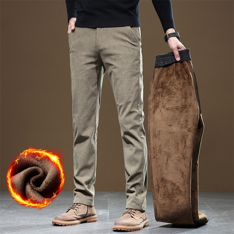 2026 Winter Fleece Warm Corduroy Pants Men Business Fashion Slim Fit Stretch Thicken Gray Khaki Fluff Casual Trousers Male 260915