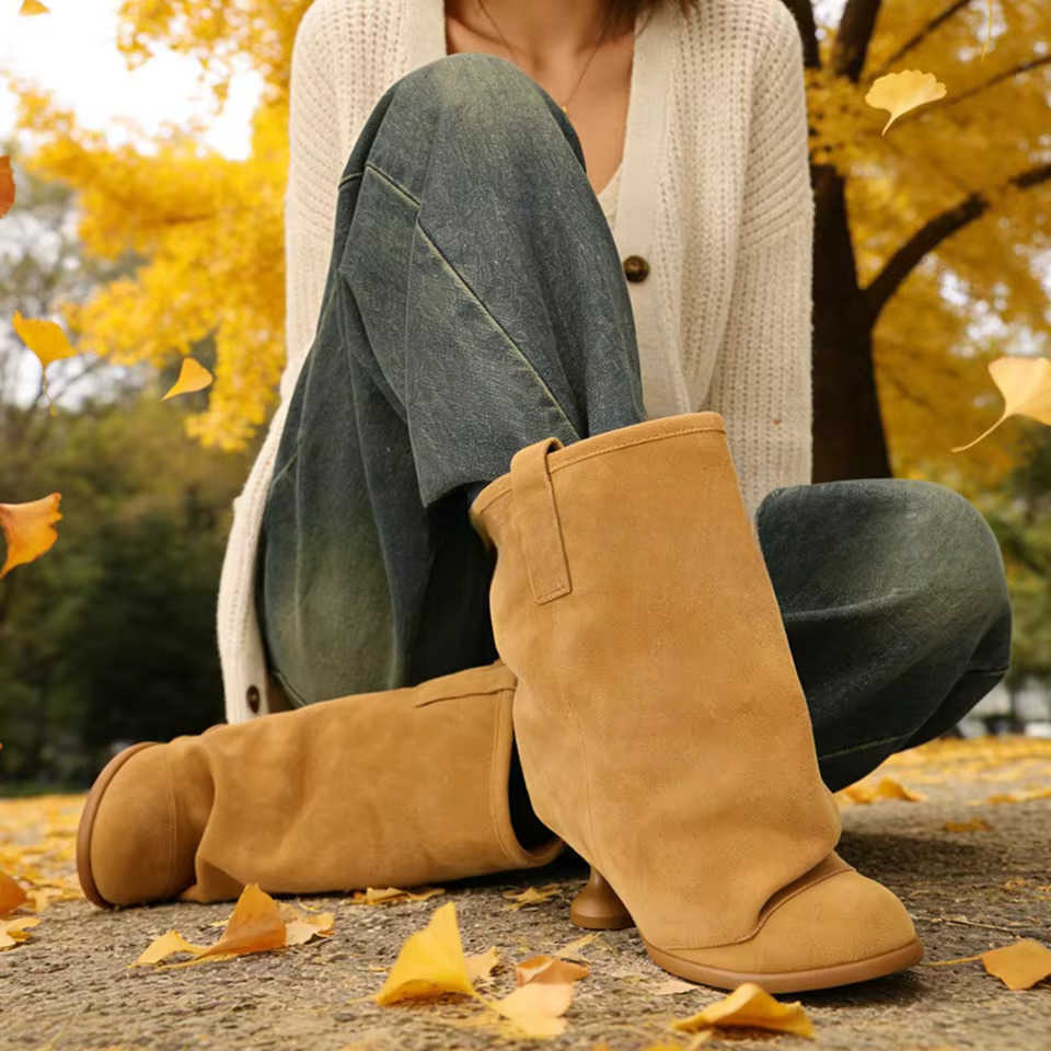 Heel 2026 New Strange Round Ankle Boots Turned-over Edge Suede Leather Round Toe fashion Women Short Boots Autumn Winter Brown D260916