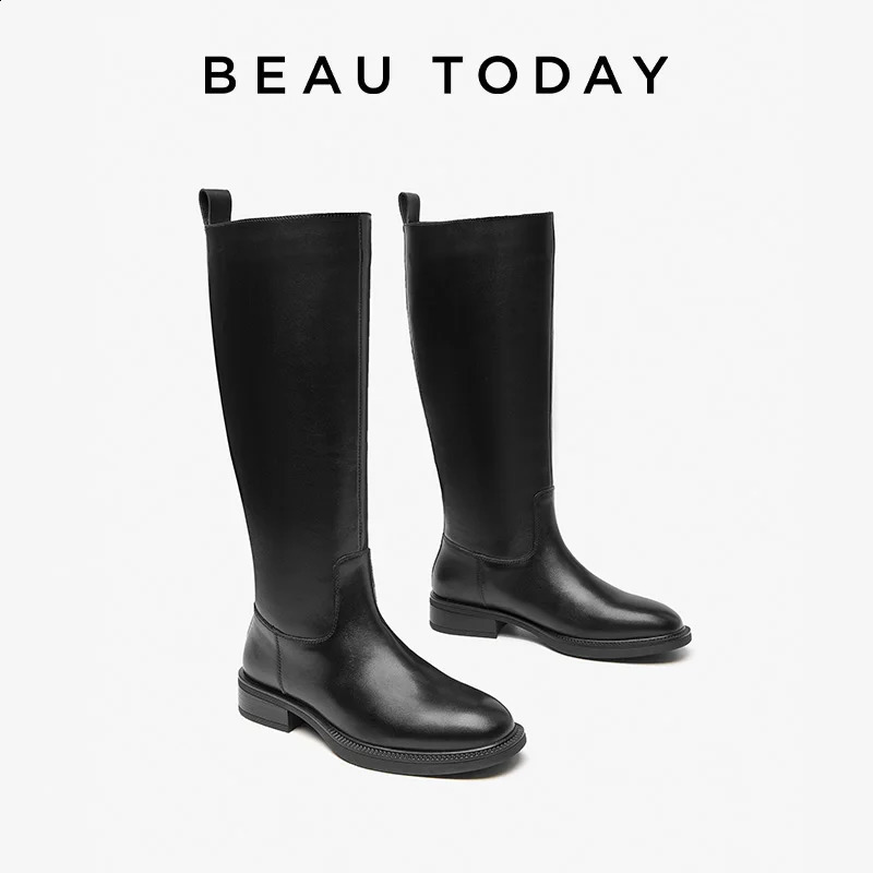 BEAUTODAY Long Boots Women Genuine Cow Leather Sewing Round Toe Solid Color Slipon Ladies Shoes Handmade 01277 260916
