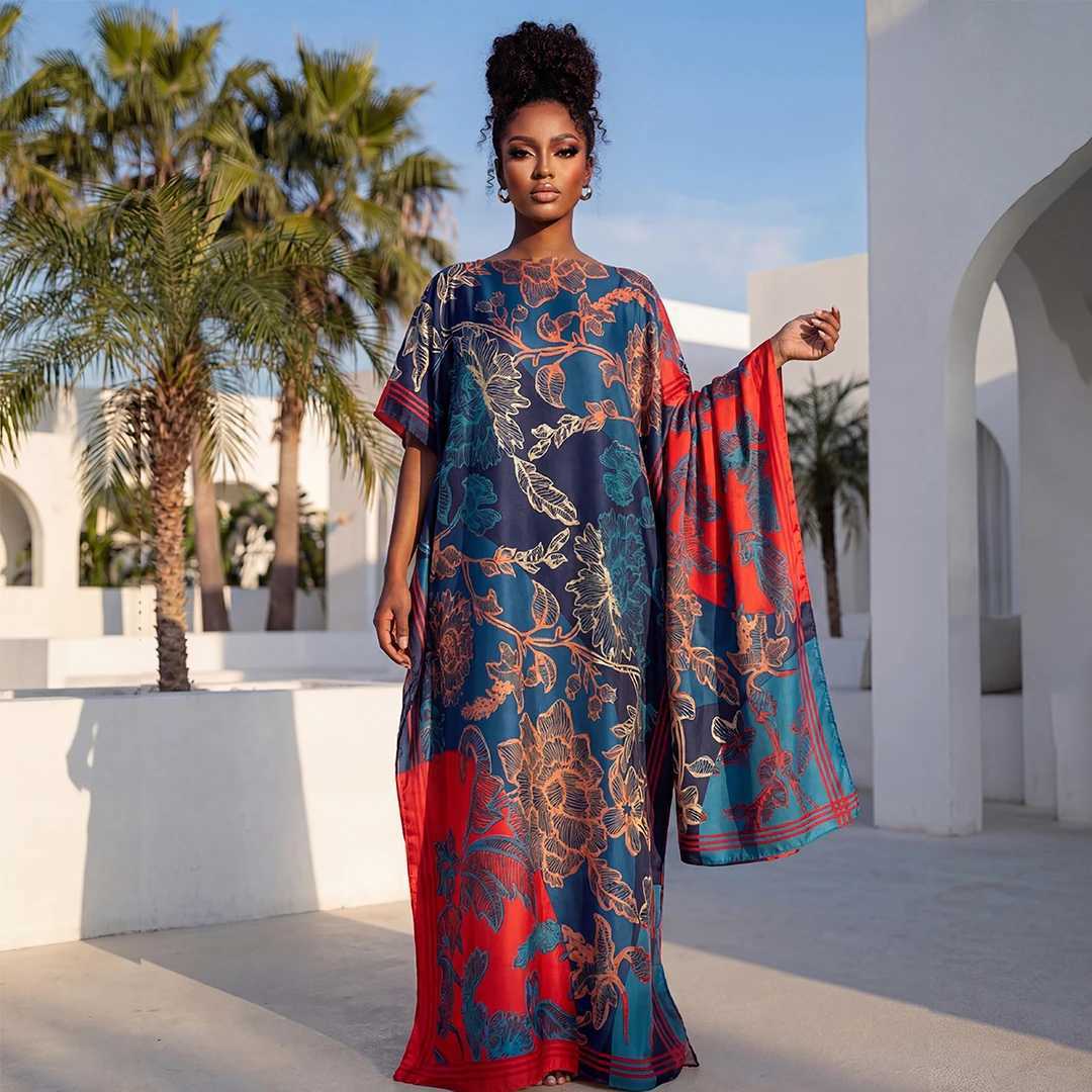 NEW Fashion Summer Dress With Big Scarf Dubai Turkey Kaftan Muslim Loose Abaya Women African Casual Leopard Print Shawl Robe Q260916