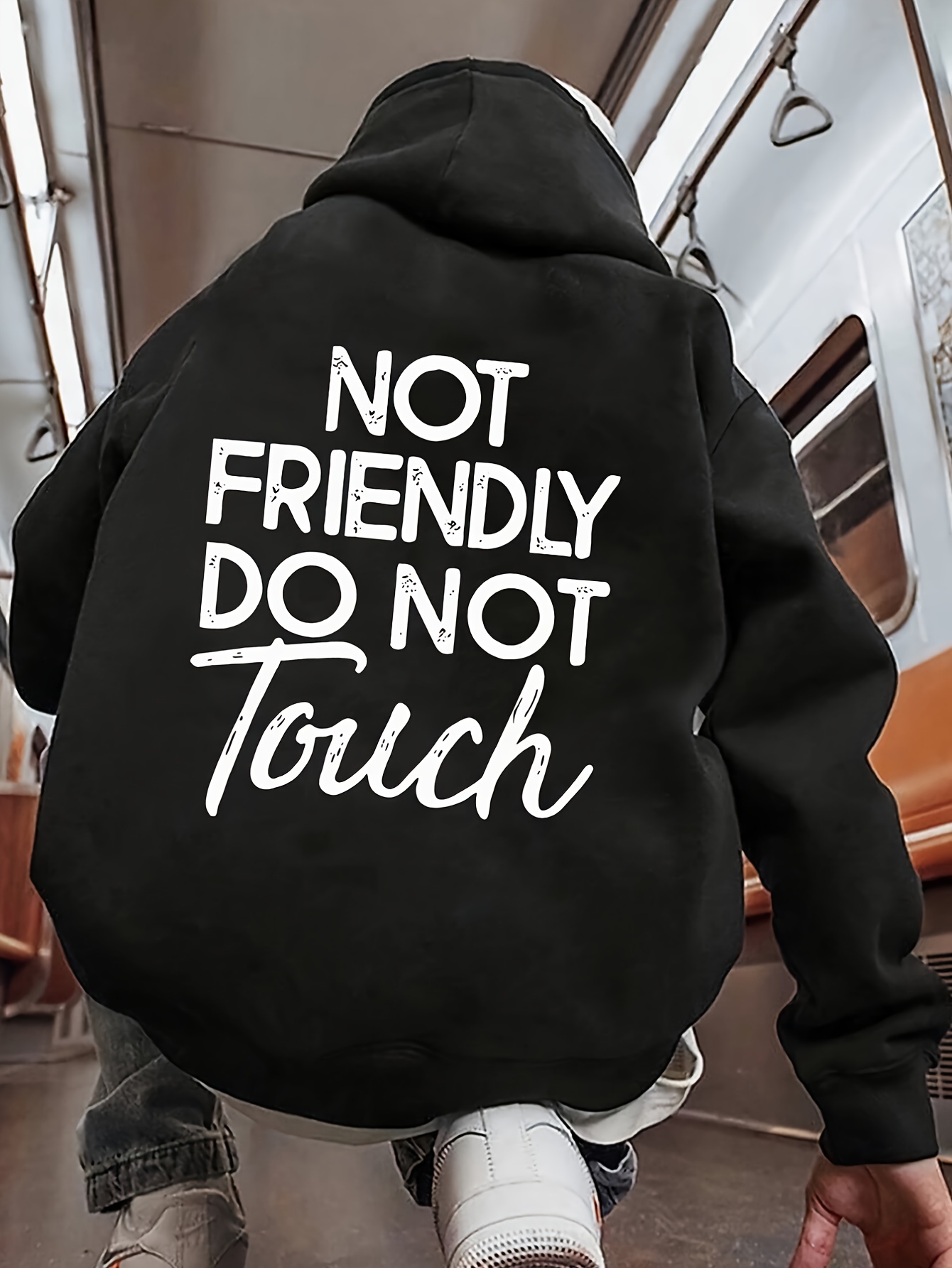 Men's Unisex "Do Touch" Slogan Hooded Sweatshirt Bold Back Print Streetwear Hoodie, Plus Size Loose Fit Winter Warmth, Soft Breathabl