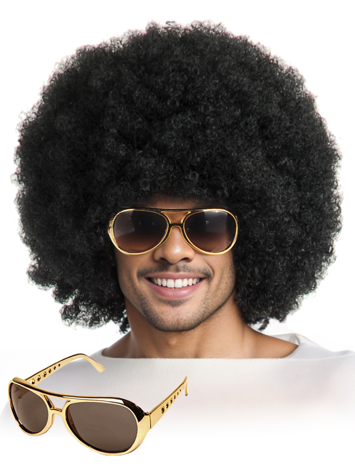 African Synthetic 2-Piece Set {Wig+Glasses} Disco Costume Wig from the 1970s and 1980s, Men's Natural Fluffy Short Cur W260916