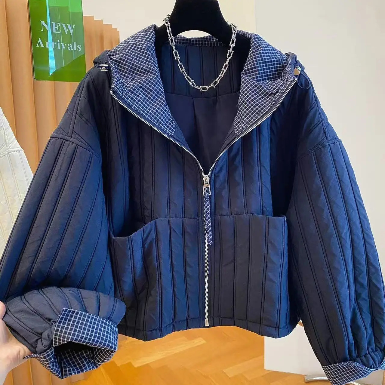 Cotton Down Autumn Hooded Jacket Winter Clothes Women Harajuku Chaquetas Para Mujer Patchwork Plaid Jacket Outwear Coat Parkas 260916