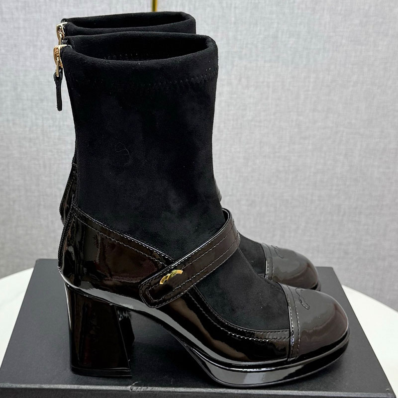 2026 Short Boots Designer Womens Suede Lacquer Spliced Elastic Boots Thick Bottom Thick Heel Back Zipper Buckle Decoration Retro Look Thin Autumn Wi
